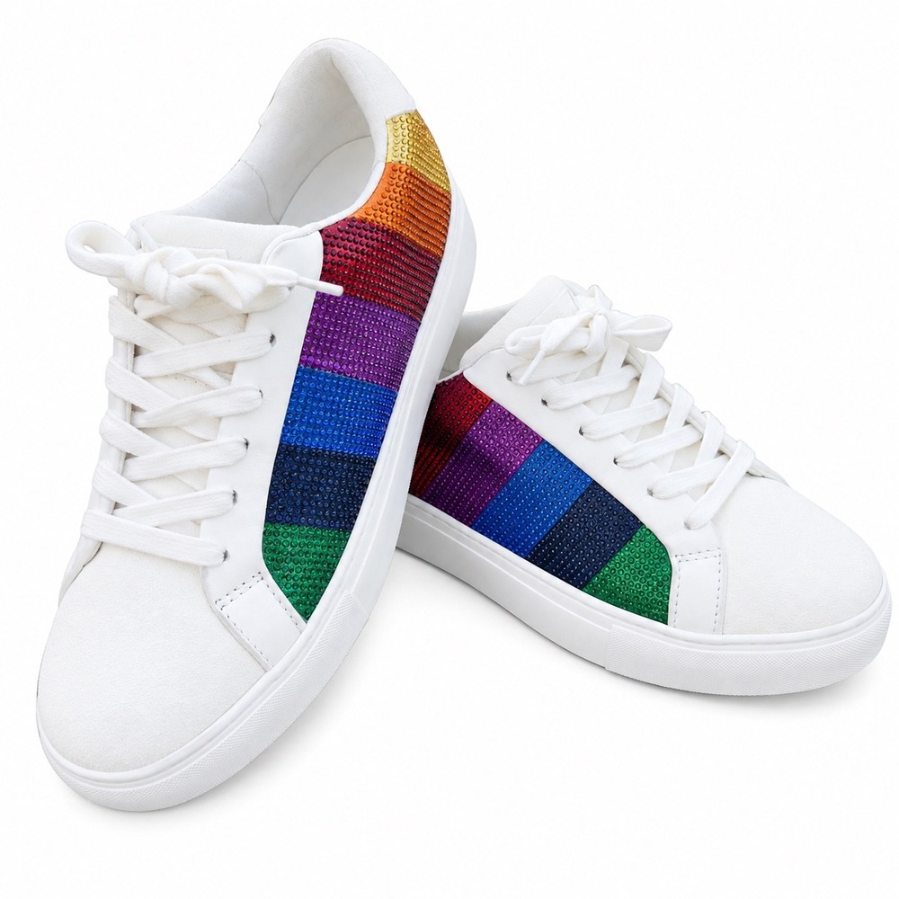 Kurt Geiger London Lane Rainbow Rhinestone White Leather Sneakers Size 39 W 8.5
